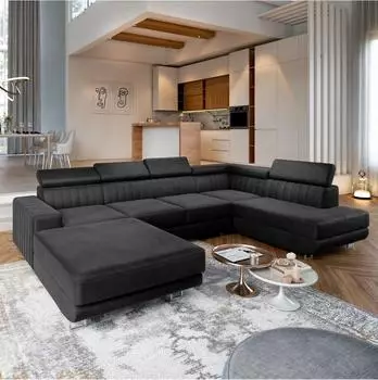 Masseno Siena R-S Wohnlandschaft U-Form mit Schlaffunktion, Velours, schwarz (SIENA R-S)