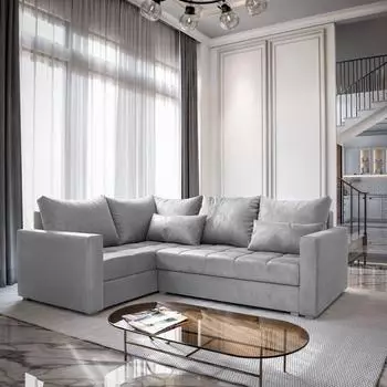 Masseno Lireno L-S Ecksofa mit Schlaffunktion und Bettkasten, hellgrau, L-Form, 220x153cm (PAROS 05)