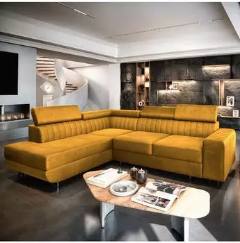 Masseno Nola L-S Ecksofa mit Schlaffunktion, Velours, gelb, L-Form, 253x190cm
