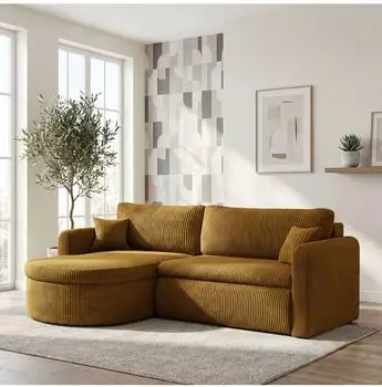 WFL GROUP Cora Ecksofa L-Form mit Schlaffunktion & Stauraum, senfgelb, Cord Chenille (800001517787)