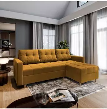 Masseno Milo L Ecksofa L-Form mit Schlaffunktion & Bettkasten, gelb, 220x140cm (MILO L KRONOS 01)