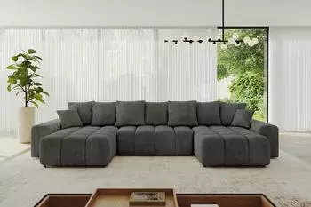 ALTDECOR ENIL-U Ecksofa U-Form mit Schlaffunktion und Bettkasten, Velours, dunkelgrau, 401x189x68cm (ENIL-U)