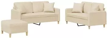 vidaXL 3-tlg. Sofagarnitur mit Kissen, cremefarbener Stoff (3202112)