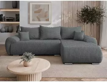 Mirjan24 Ubo L Cord Ecksofa mit Schlaffunktion und Bettkasten, 5-Sitzer, dunkelgrau, Ottomane rechts (Ambience 19)