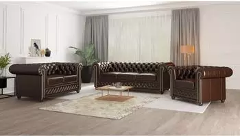 S-Style M&ouml;bel Chesterfield Polstergarnitur 3+2+1 mit Schlaffunktion, veganes Leder, braun (800000672923)