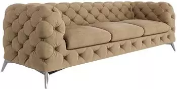 S-Style M&ouml;bel Chesterfield-Sofa 3-Sitzer beige Samt, Metallbeine silber, 243x75x100cm