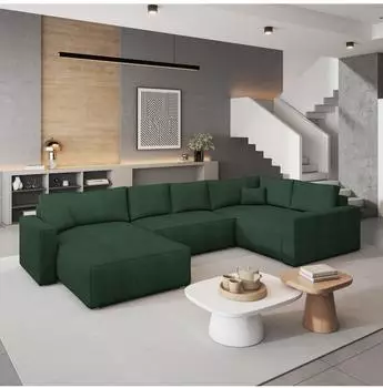 Masseno VELAMI R-S Ecksofa U-Form, Kordstoff, gr&uuml;n, Schlaffunktion, Bettkasten (VELAMI R-S POSO 14)