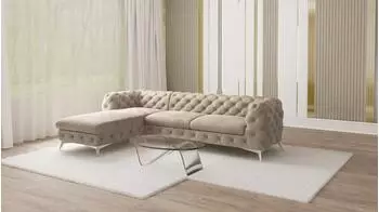 S-Style M&ouml;bel Chesterfield Ecksofa L-Form, Samt, dunkle creme, 305x200cm