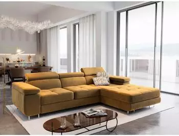 Masseno Elma R-S Ecksofa Velours gelb mit Schlaffunktion und Bettkasten (ELMA R-S MONOLITH 48)