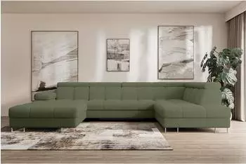 ALTDECOR Coma U Wohnlandschaft mit Schlaffunktion und Bettkasten, Bouclé, smaragdgrün, 345x203x79cm