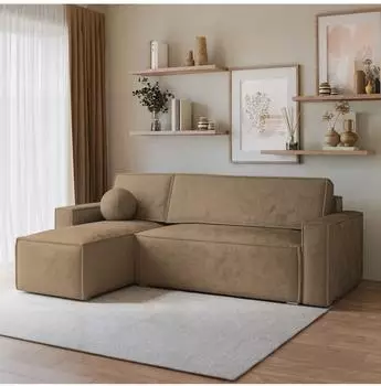 Masseno Ravelo M Ecksofa L-Form mit Schlaffunktion und Bettkasten, Velours, beige (RAVELO M MONOLITH 09)