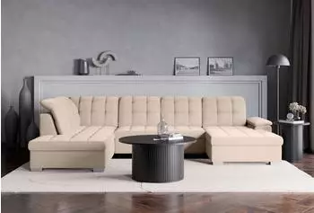 Selsey Jamaal Wohnlandschaft U-Form Velours hydrophob, beige, rechtsseitig, Schlaffunktion