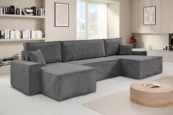 Beautysofa Hektor U Wohnlandschaft mit Schlaffunktion, Cordstoff, dunkelgrau, 377x94x152cm (Poso 60)
