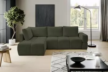 Selsey Taremi Ecksofa mit Schlaffunktion, Bettkasten, hydrophober Chenille, olivgrün