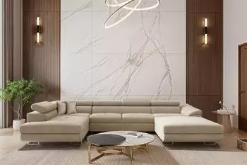Fun M&ouml;bel Carmelo Wohnlandschaft Schlafsofa, Stoff Nova beige, Ottomane rechts