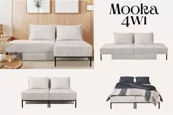 Kaiser M&ouml;bel MOOKA Ecksofa mit Schlaffunktion, Stoff Velo, ecru, L-Form rechts (MOOKA 4in1)