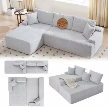 Juskys Coredo Ecksofa mit Ottomane, Cord, hellgrau