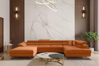 Fun M&ouml;bel Carmelo Wohnlandschaft Schlafsofa, Stoff Nova orange, Ottomane links