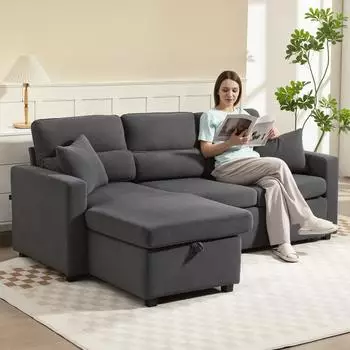 HomCom L-förmiges Bettsofa mit Bettkasten und Kissen, Cord, dunkelgrau, 205x135cm