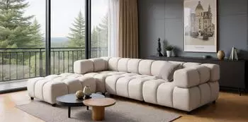 Fun Möbel FLOW 3-Sitzer Sofa mit Polsterhocker, Stoff Bluvel, creme
