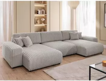 S-Style M&ouml;bel Mollis Wohnlandschaft U-Form Pl&uuml;schcord hellgrau mit Schlaffunktion und Bettkasten, 350x77x168cm (800001109124)