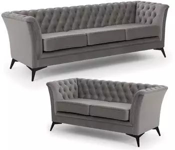 S-Style M&ouml;bel Whitby Chesterfield Polstergarnitur 3+2, Samt, grau, schwarze F&uuml;&szlig;e