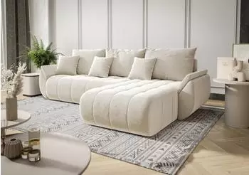 Fun M&ouml;bel AKITA Ecksofa Schlafsofa Stoff Monolith creme, Ottomane rechts