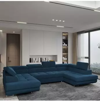 Masseno Raggio Wohnlandschaft U-Form Velours blau mit Schlaffunktion