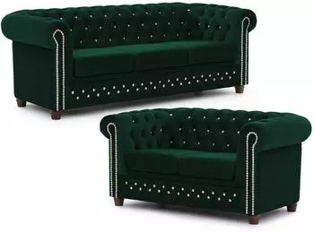 S-Style M&ouml;bel Cleo Blink Chesterfield Sitzgarnitur 3+2 Samt, flaschengr&uuml;n (800001246116)