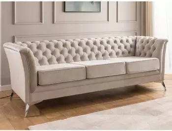 S-Style M&ouml;bel Whitby Chesterfield-Sofa 3-Sitzer, Samt, beige (800001086757)