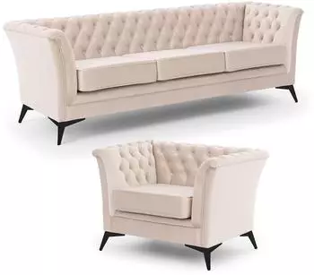S-Style M&ouml;bel Whitby Chesterfield Polstergarnitur 3+1 Samt, beige, schwarze F&uuml;&szlig;e