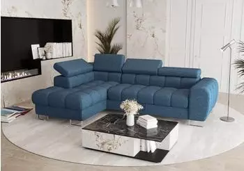 Fun Möbel BASTIEN Ecksofa Schlafsofa, Stoff Aragon blau, Ottomane links