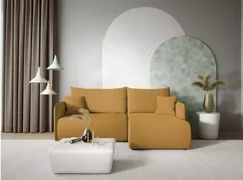 Fun Möbel Calgary Ecksofa mit Schlaffunktion, Stoff Curio, senfgelb, Ottomane rechts