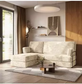 Masseno NOTIA Ecksofa modular mit Schlaffunktion, Cord, creme (TILIA 03)