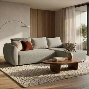 Selsey ZORDO Eckschlafsofa L-Form, Chenille greige, Ottomane rechts, 2 Bettk&auml;sten