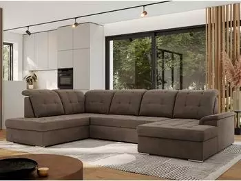 MKS Madrito U Wohnlandschaft U-Form mit Schlaffunktion und Bettkasten, Velvet, braun