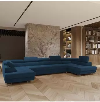 Masseno Isolano Ecksofa U-Form Velours blau mit Schlaffunktion (800001224267)
