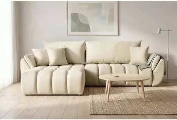 WFL GROUP Iris Ecksofa mit Schlaffunktion & Bettkasten, beiger Samt, 280x184cm (800002022788)