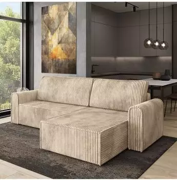 Masseno Valtino Ecksofa L-Form mit Schlaffunktion, Kordstoff, creme, 275x148cm (800001285803)