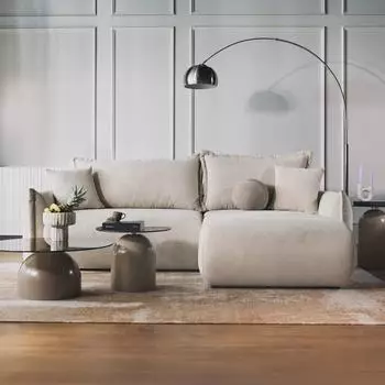 Selsey Cushi Ecksofa mit Schlaffunktion, Ottomane rechts, Chenille hellbeige