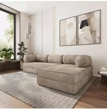 Masseno ETERA Ecksofa mit Schlaffunktion, Kordstoff, beige, L-Form 270x160cm (800001993754)