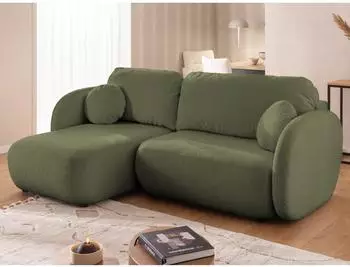 S-Style Möbel Candy Ecksofa L-Form Bouclé grün, Schlaffunktion, Ottomane links (800001200239)