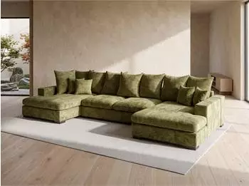 WFL GROUP Dahlia U-Form Schlafsofa mit Bettkasten, grün Chenille, 373x92x155cm (800002023943)