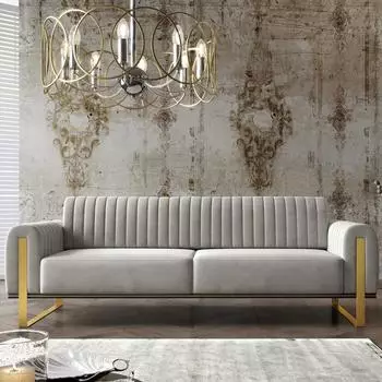 Selsey Parissa 3-Sitzer Sofa, Samt hellgrau, goldene F&uuml;&szlig;e, 228cm