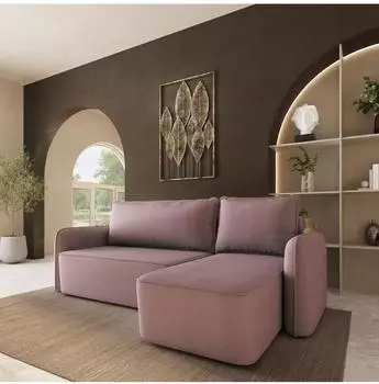 Masseno Dolver Ecksofa L-Form mit Schlaffunktion, Pl&uuml;sch-Stoff, rosa, 238x156cm (800001819291)