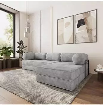 Masseno ETERA Ecksofa modular mit Schlaffunktion, hellgrau, Kordstoff, L-Form 270x160cm (800001993997)