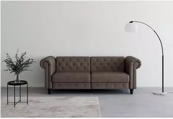 Dorel Home Felix Schlafsofa 3-Sitzer, dunkelbraun, Velours/Kunstleder, 236cm