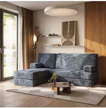 Masseno Notia Ecksofa mit Schlaffunktion, blaugrau, Kordstoff, L-Form (800001993943)