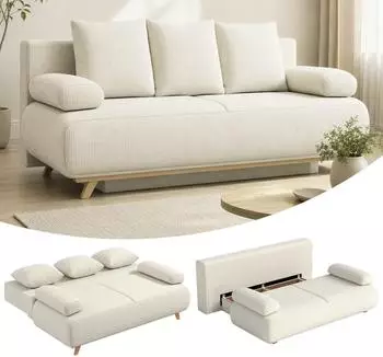 HomCom Schlafsofa 3-Sitzer Cord-Optik mit Bettkasten, beige, 188x140cm (83F-023V00BG)