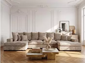 WFL GROUP Dahlia U-Form Schlafsofa mit Bettkasten, Chenille beige, 373x92x155cm (800002023940)